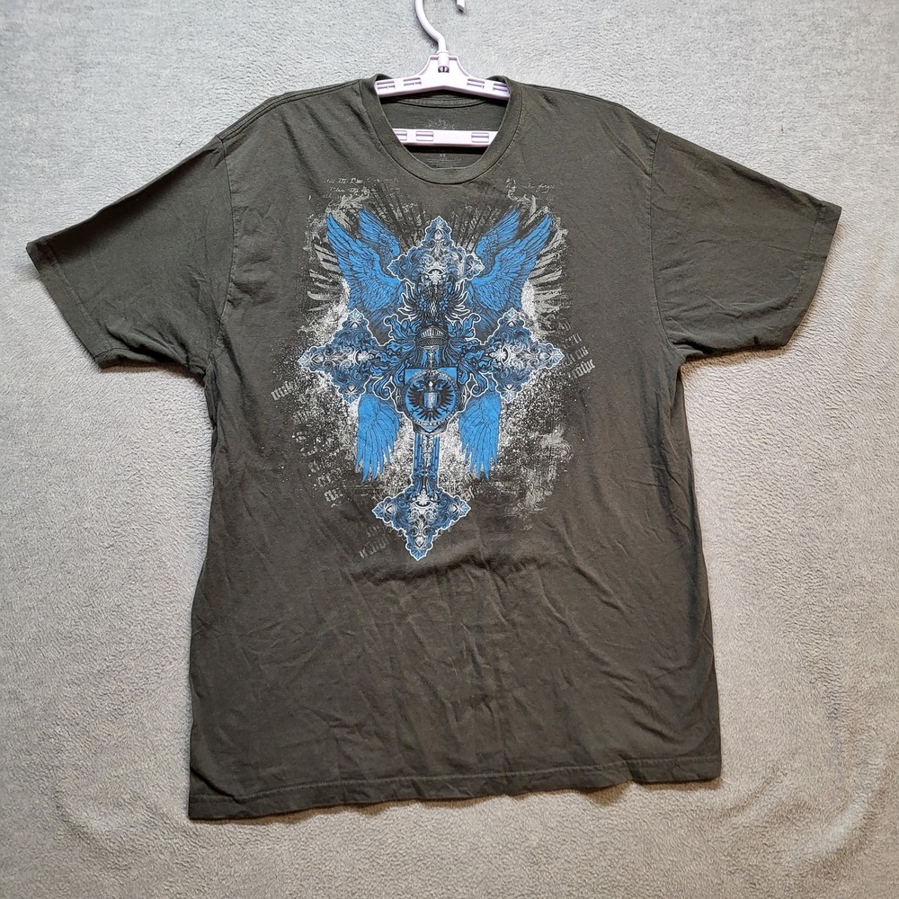Affliction Men Shirt XL Olive Graphic Print Cross Wings Y2K‎ Grunge MMA